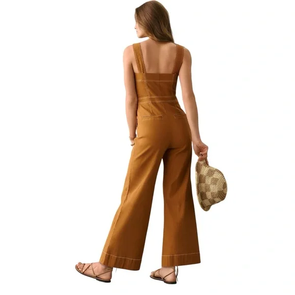 Maeve Anthropologie Colette magic fabric linen stretch jumpsuit bronze NWT 10 - Picture 3 of 16
